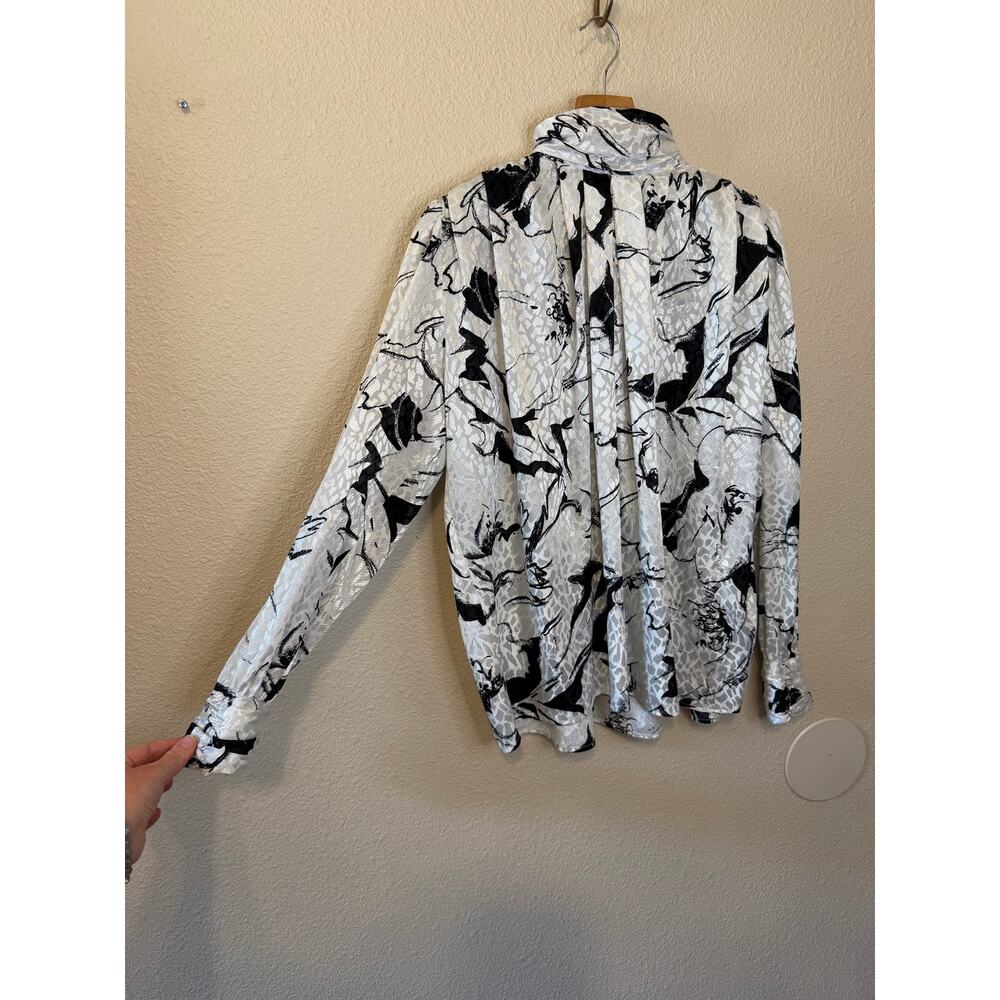 VTG TESS Paris-Milano Silkey Retro 80’s White Black Floral Turtle Neck Blouse 4 - Picture 3 of 13